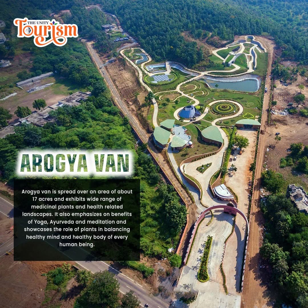 Aerial view of Arogya Van at Statue of Unity showcasing pathways, water bodies, and lush greenery.