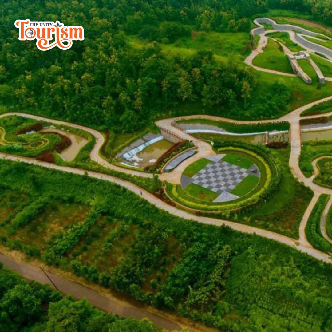 Top view of landscaped gardens and circular design area inside Arogya Van.