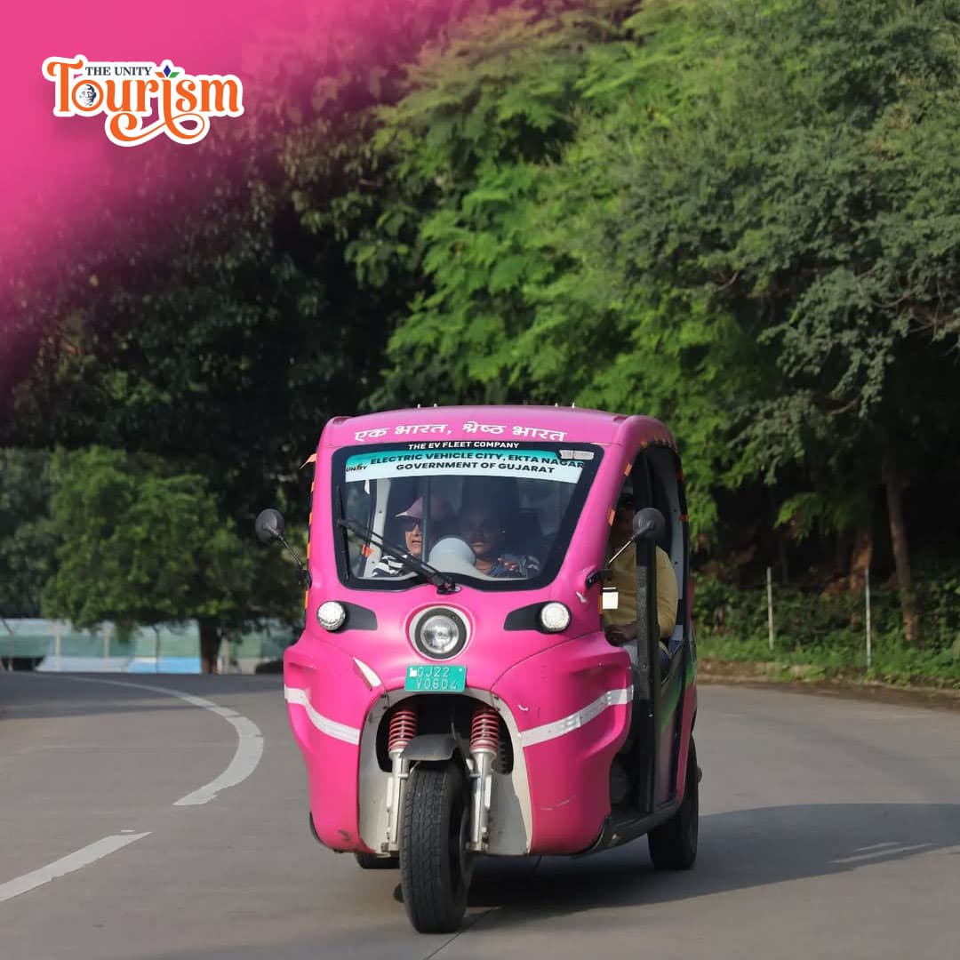  Pink electric rickshaw driving along the scenic route near Statue of Unity