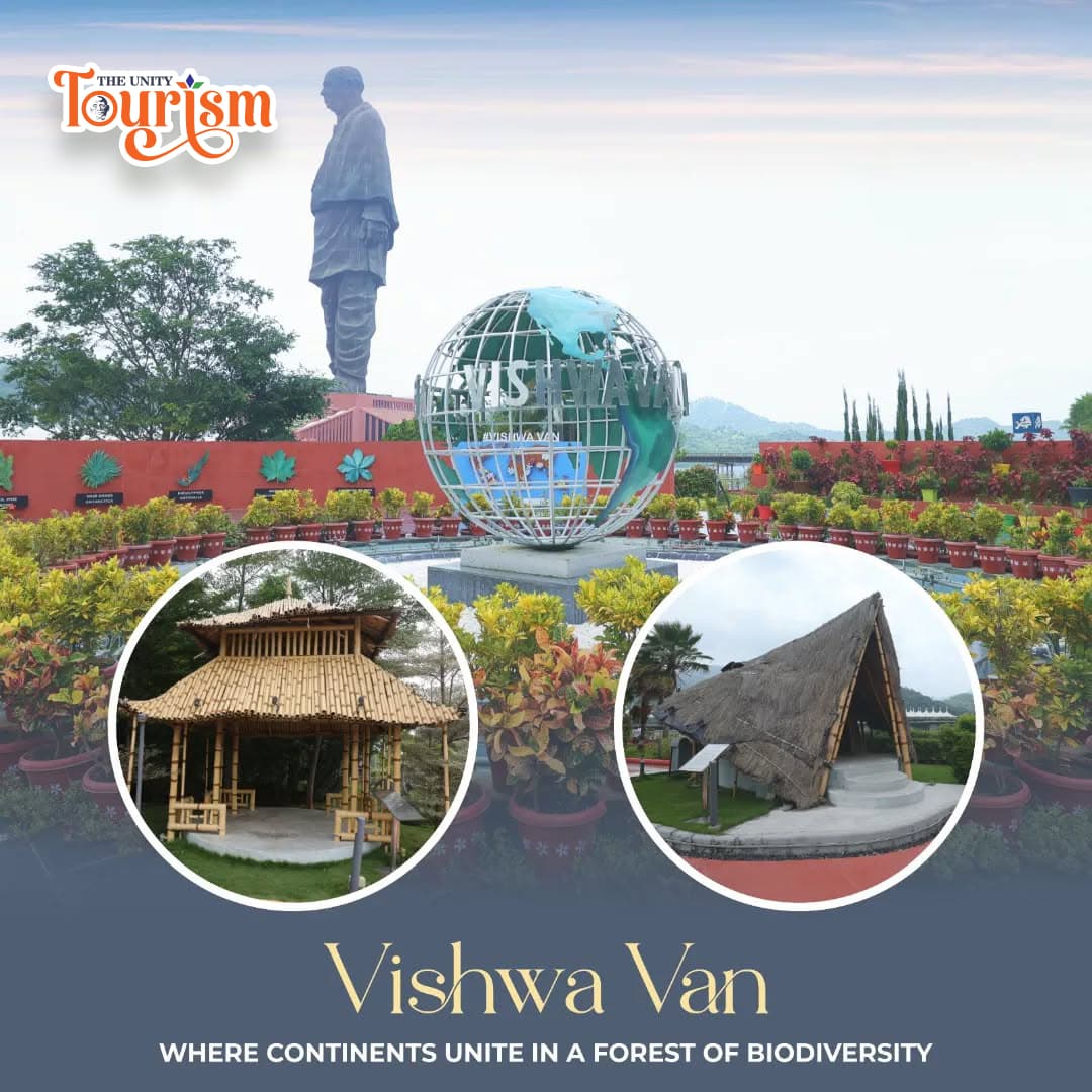Vishwa Van biodiversity park featuring globe monument and traditional huts near Statue of Unity