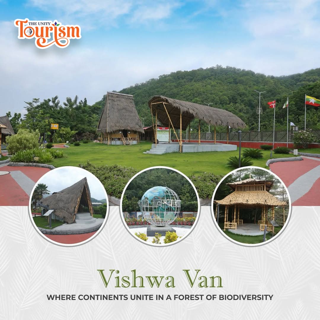 Vishwa Van garden showcasing globe monument and cultural huts representing biodiversity