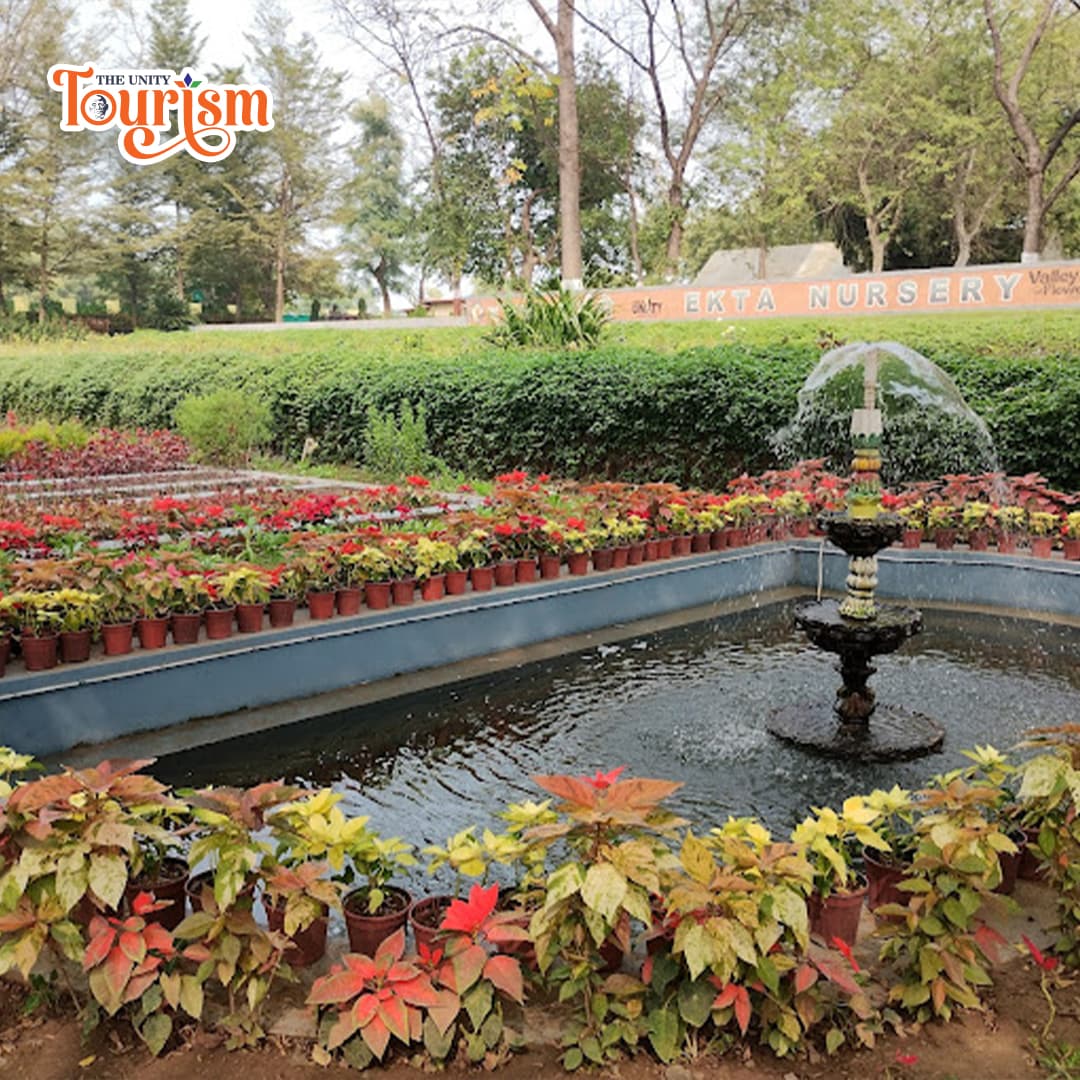 Ekta Nursery entrance with greenery and decorative plant arrangements near Statue of Unity