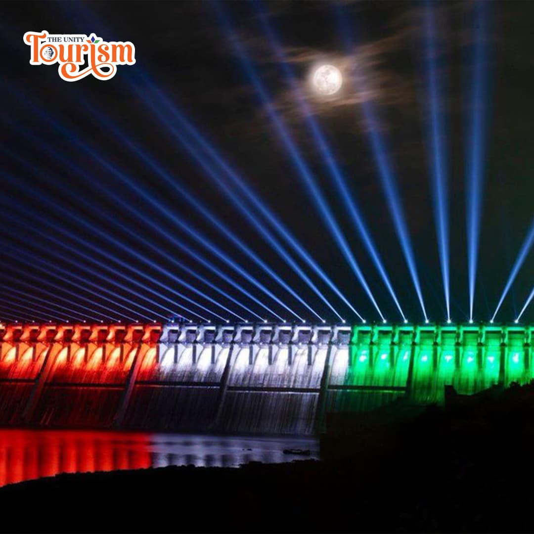 Tourist area with railing overlooking Sardar Sarovar Dam near Statue of Unity