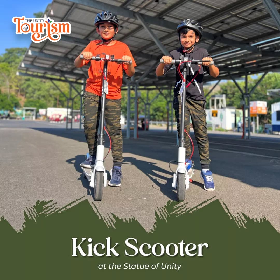 Electric kick scooters decorated with balloons at Statue of Unity riverfront tour.