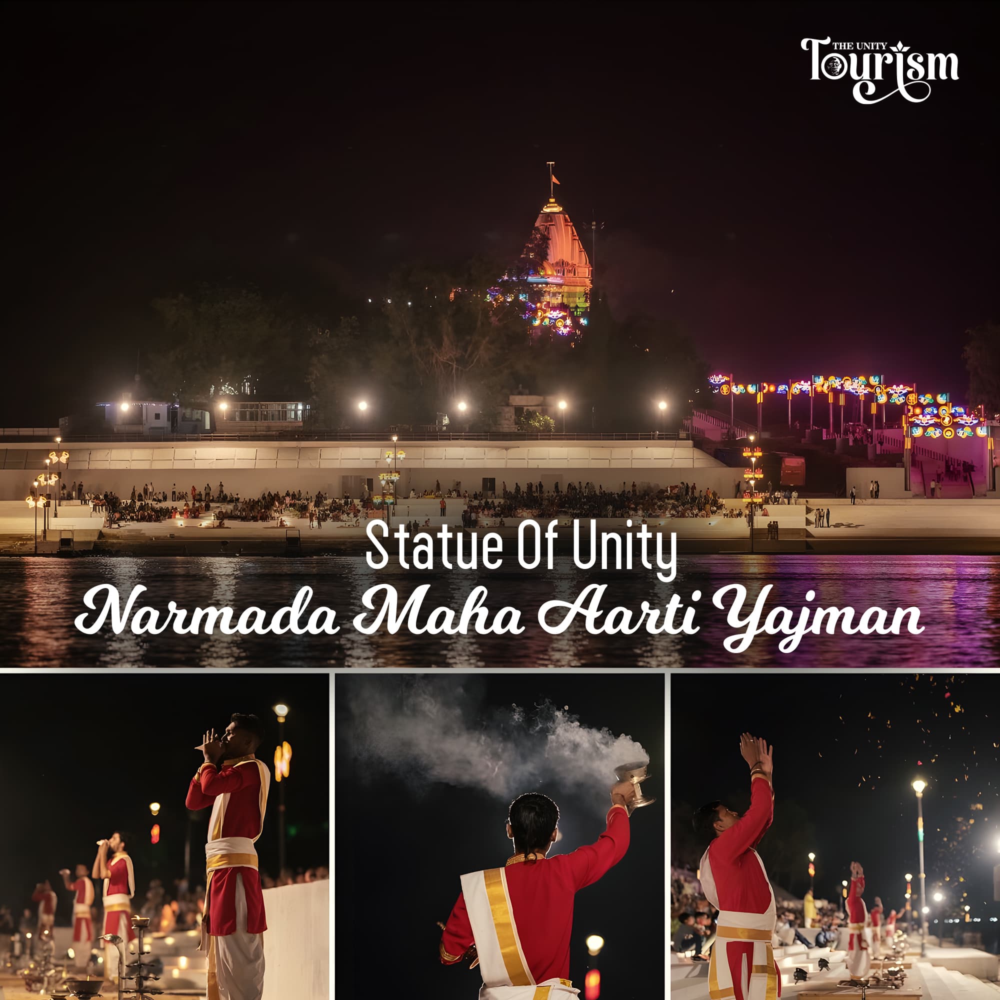 Narmada Maha Aarti ceremony at Statue of Unity with priests performing rituals on riverbank at night