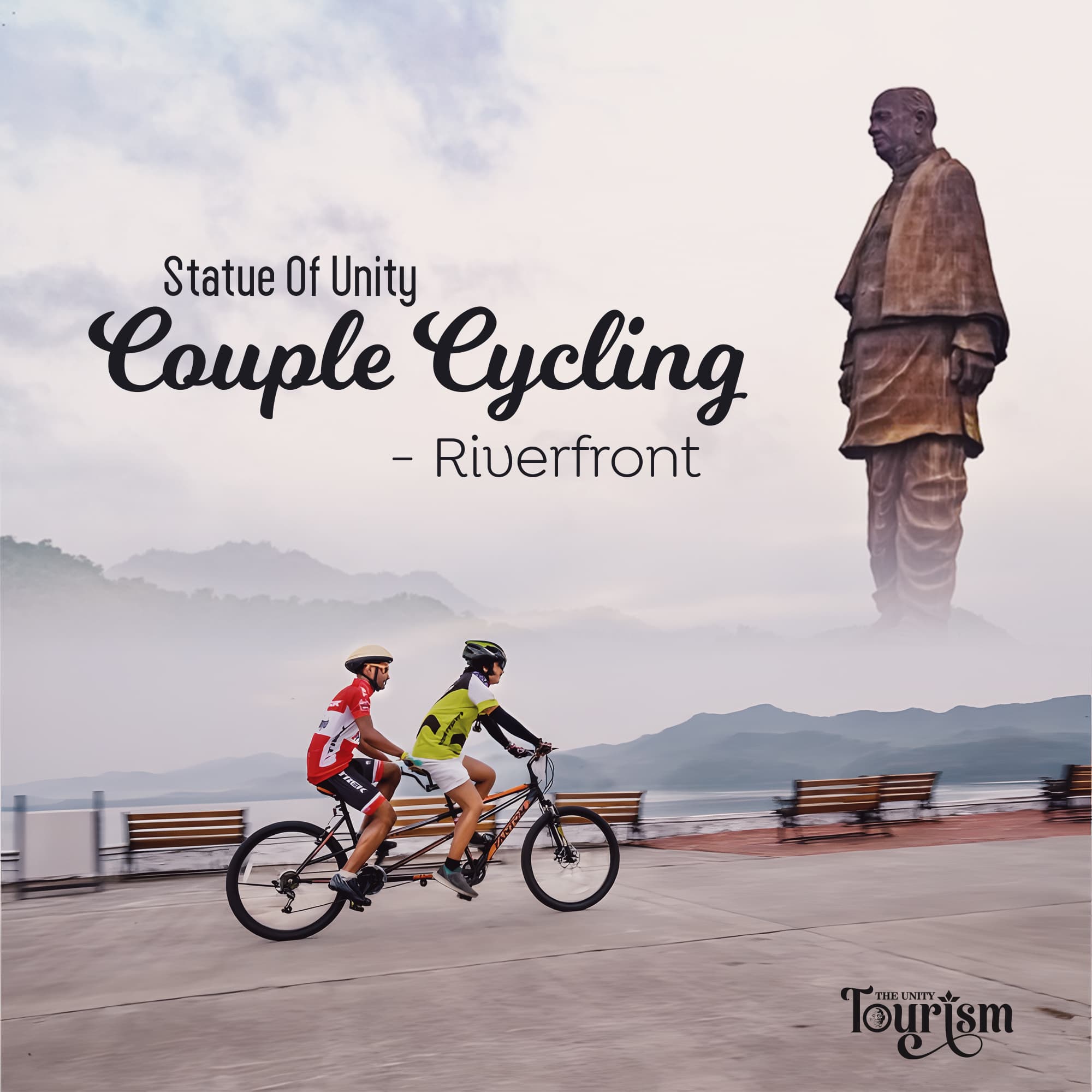 Couple cycling experience at Statue of Unity Riverfront with scenic views and the iconic Sardar Patel statue in the background