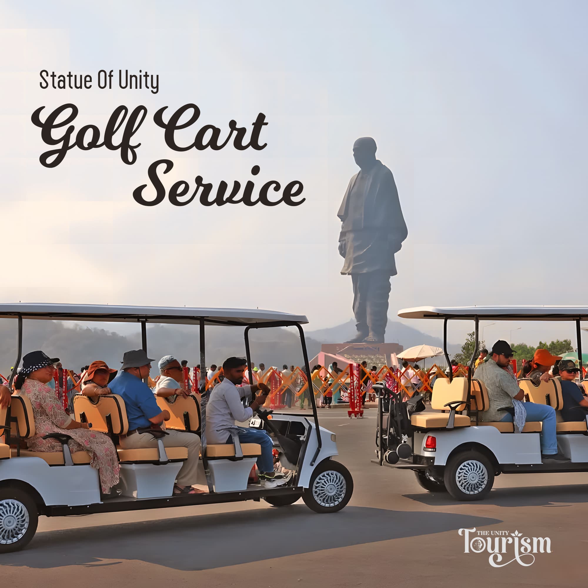 Golf cart service for visitors at Statue of Unity for full-day sightseeing in Gujarat, India