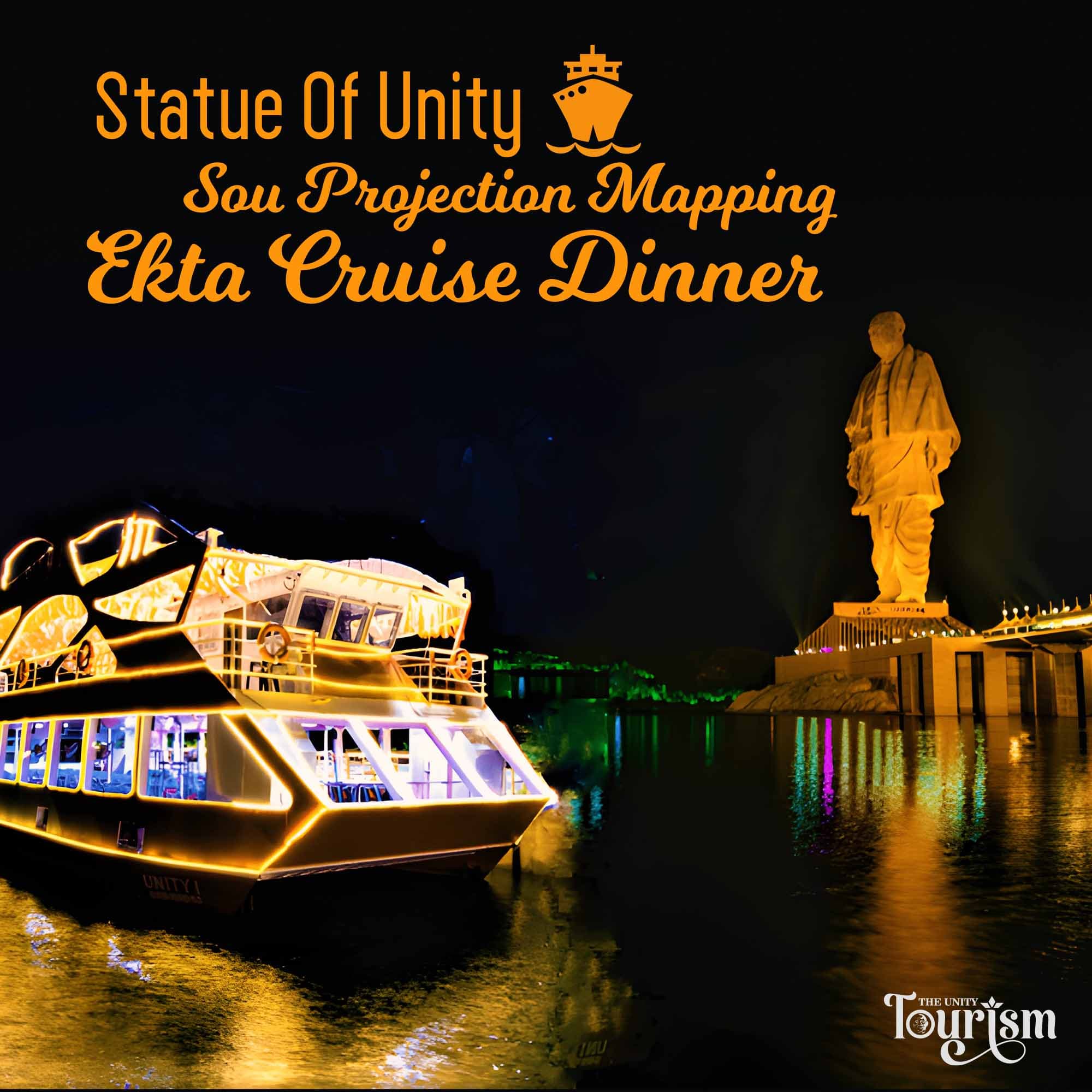 Statue of Unity Ekta Cruise Dinner boat glowing at night near the giant statue on Narmada River.