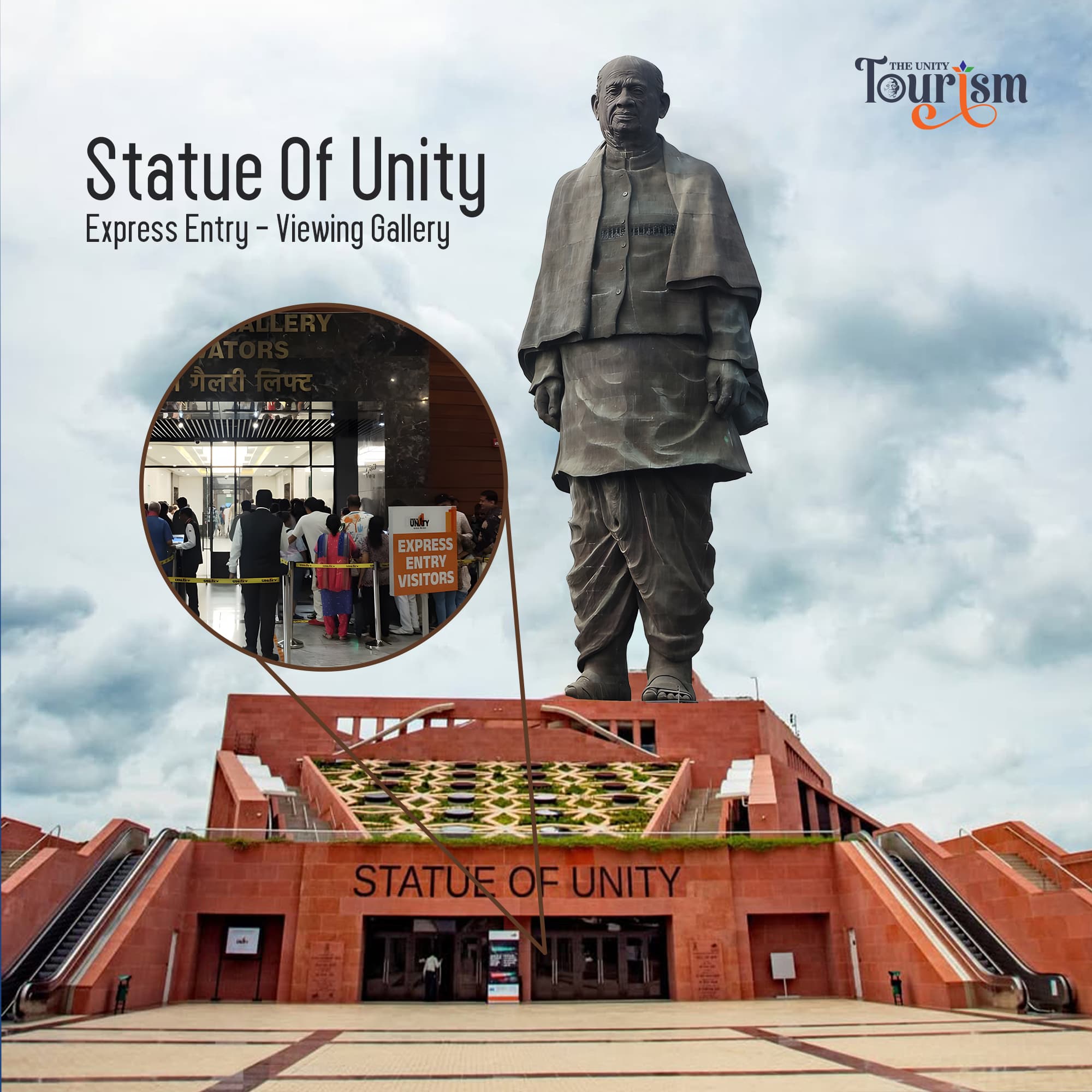 Statue of Unity with express entry and viewing gallery entrance for visitors in Gujarat, India