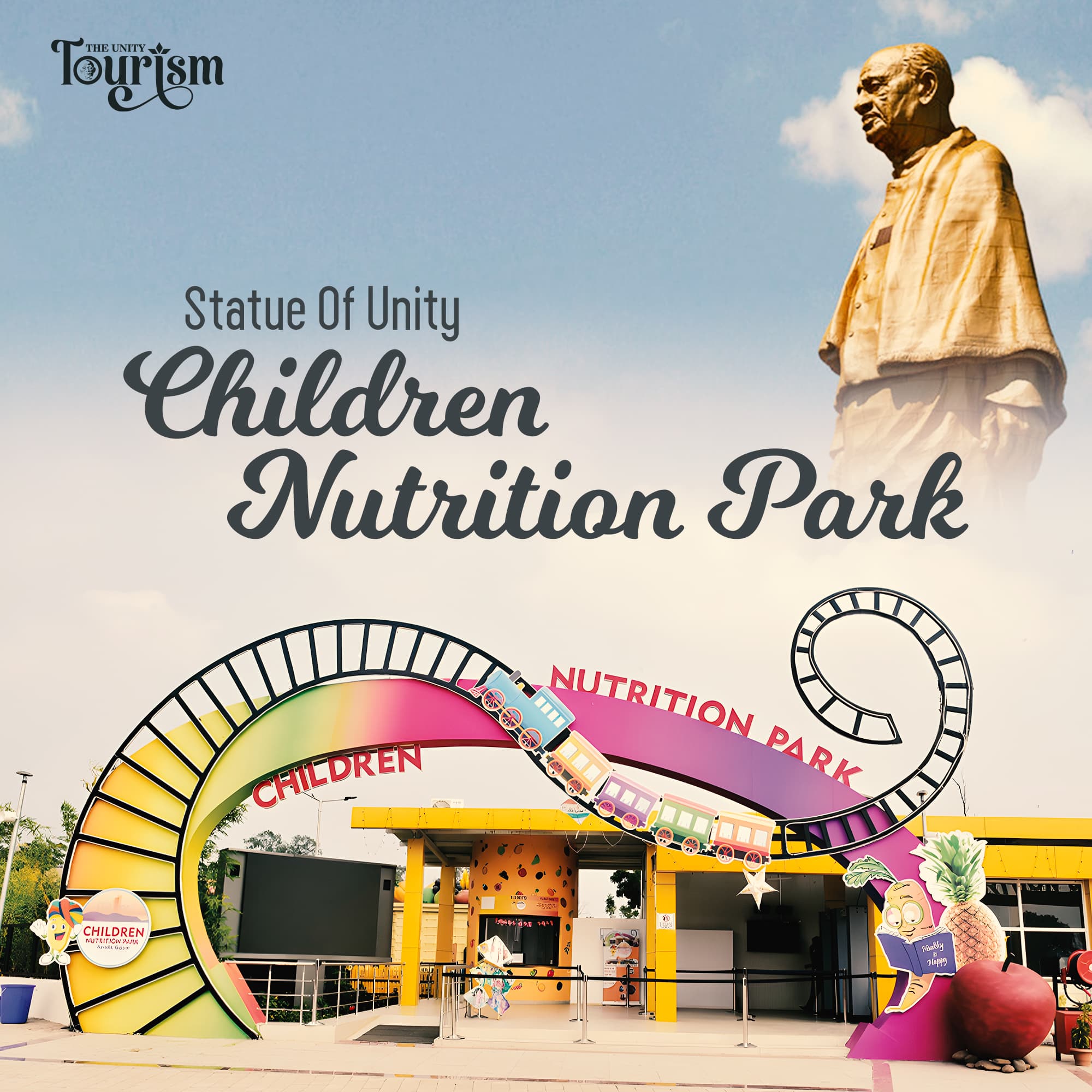 Entrance of Children Nutrition Park at Statue of Unity with colorful train-themed arch and vibrant design