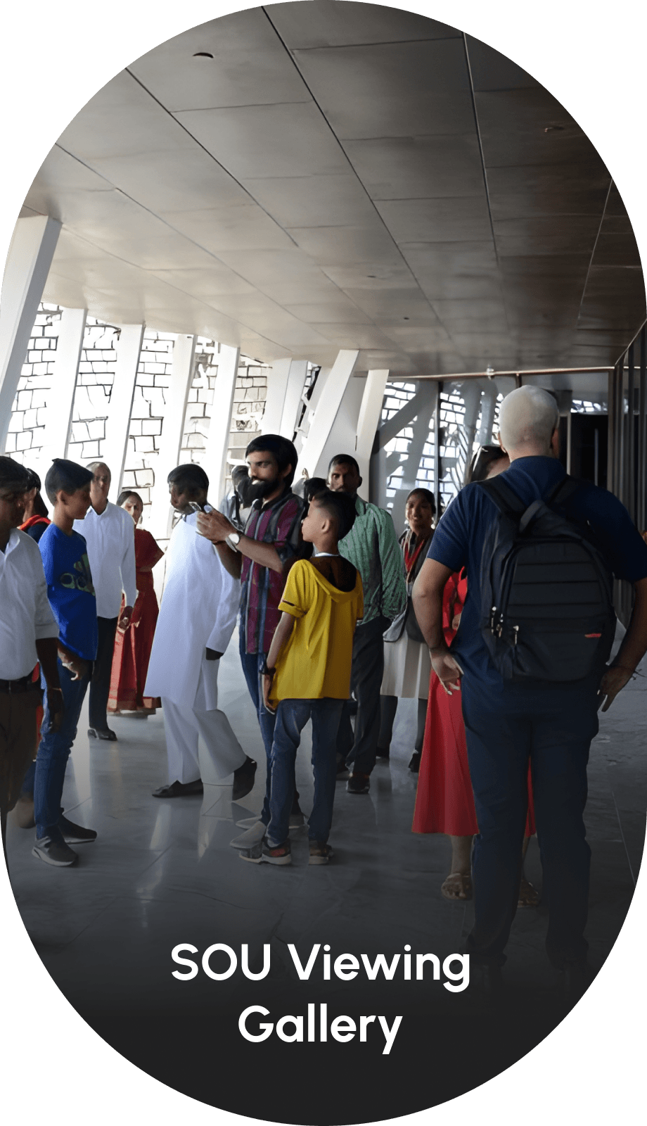 Statue of Unity view gallery with tourists enjoying scenic views inside the monument in Gujarat, India