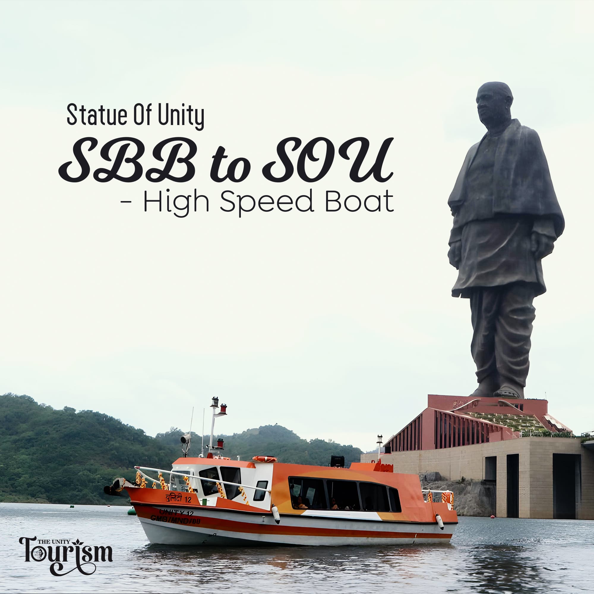High speed boat ride from Shrestha Bharat Bhavan (SBB) to Statue of Unity (SOU) on Narmada River with world’s tallest statue in the background.
