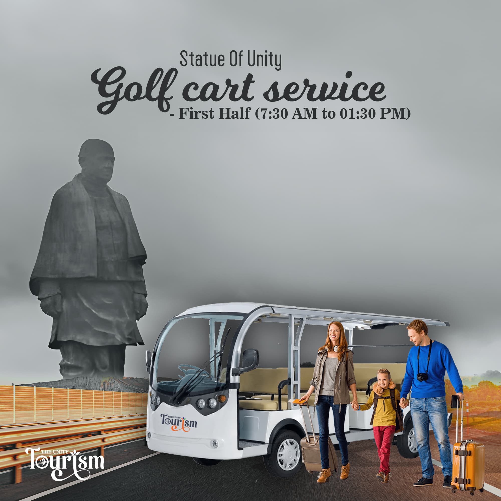 Tourists using golf cart service at Statue of Unity with large statue in background, available from 7:30 AM to 1:30 PM