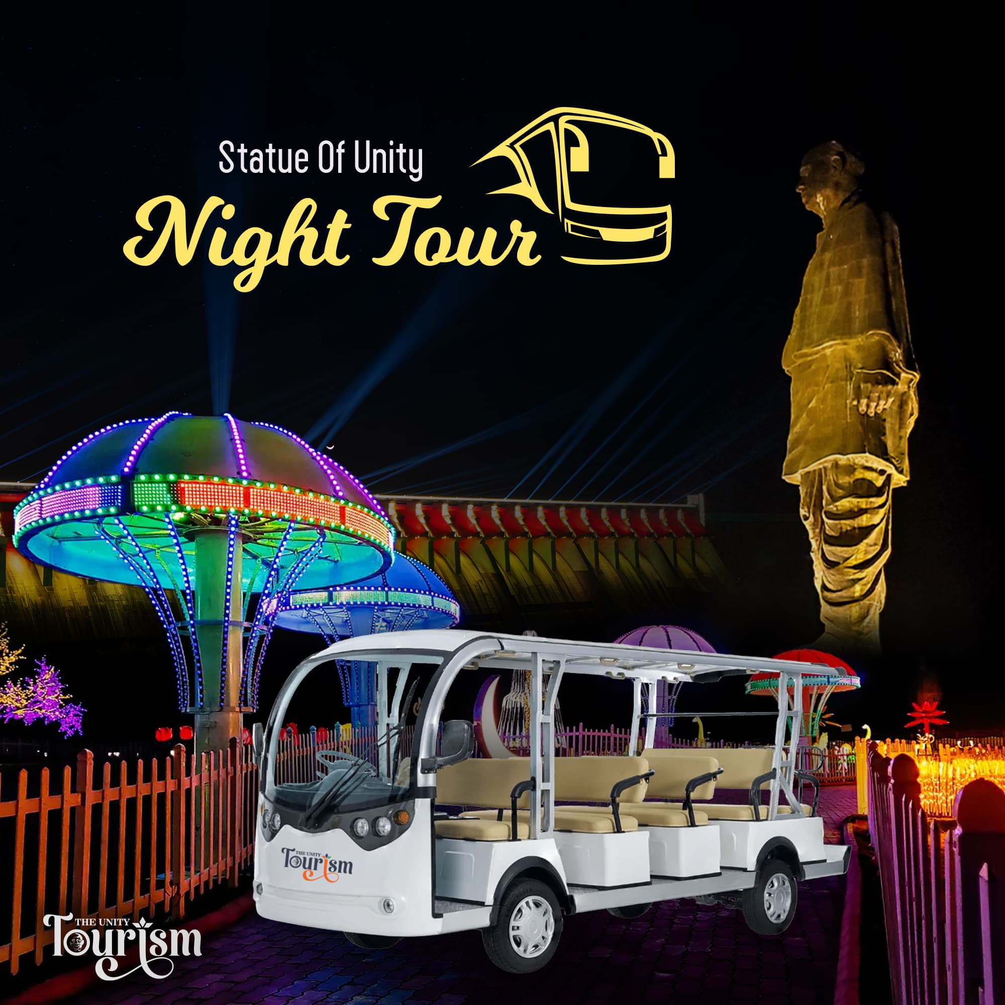 Statue of Unity night tour with illuminated lights, glowing structures, and shuttle vehicle for visitors.