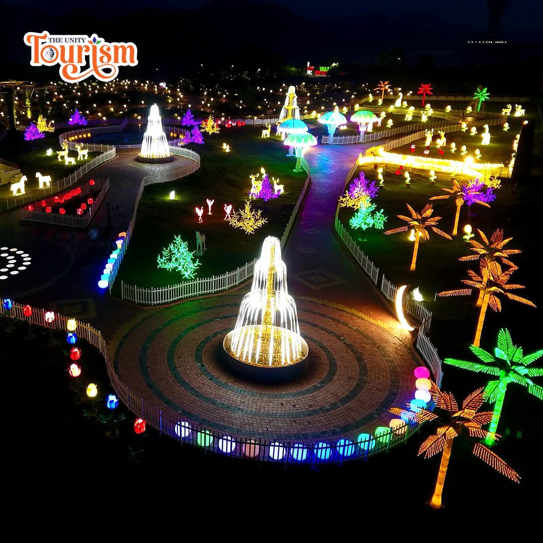    An expansive Christmas light display in a park, showcasing vibrant colors and holiday-themed decorations.