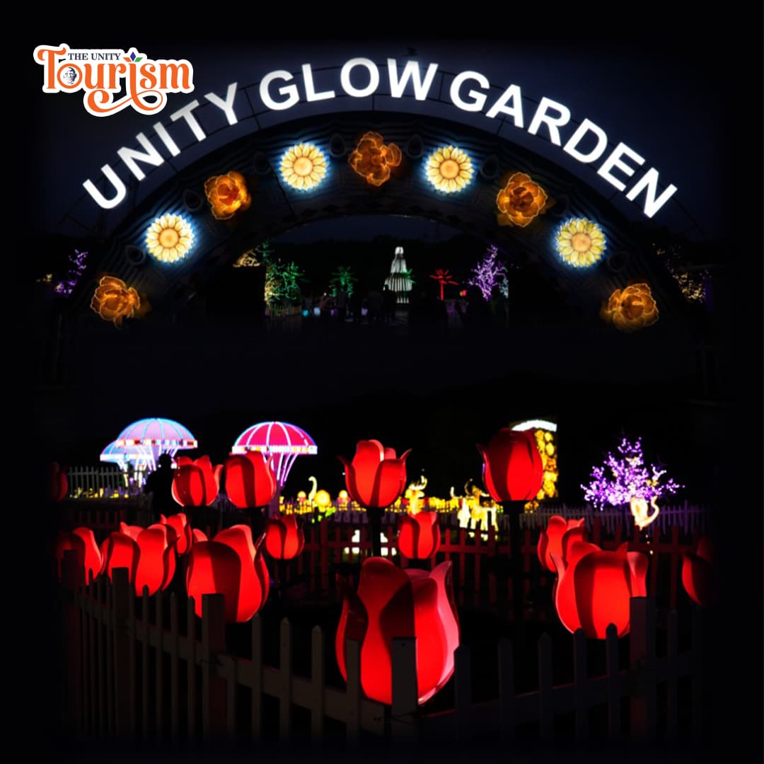    A vibrant sign that reads "Unity Glow Garden," surrounded by greenery and soft lighting.
