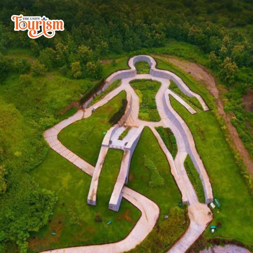 Aerial view of a human-shaped garden pathway representing body organs at Arogya Van.