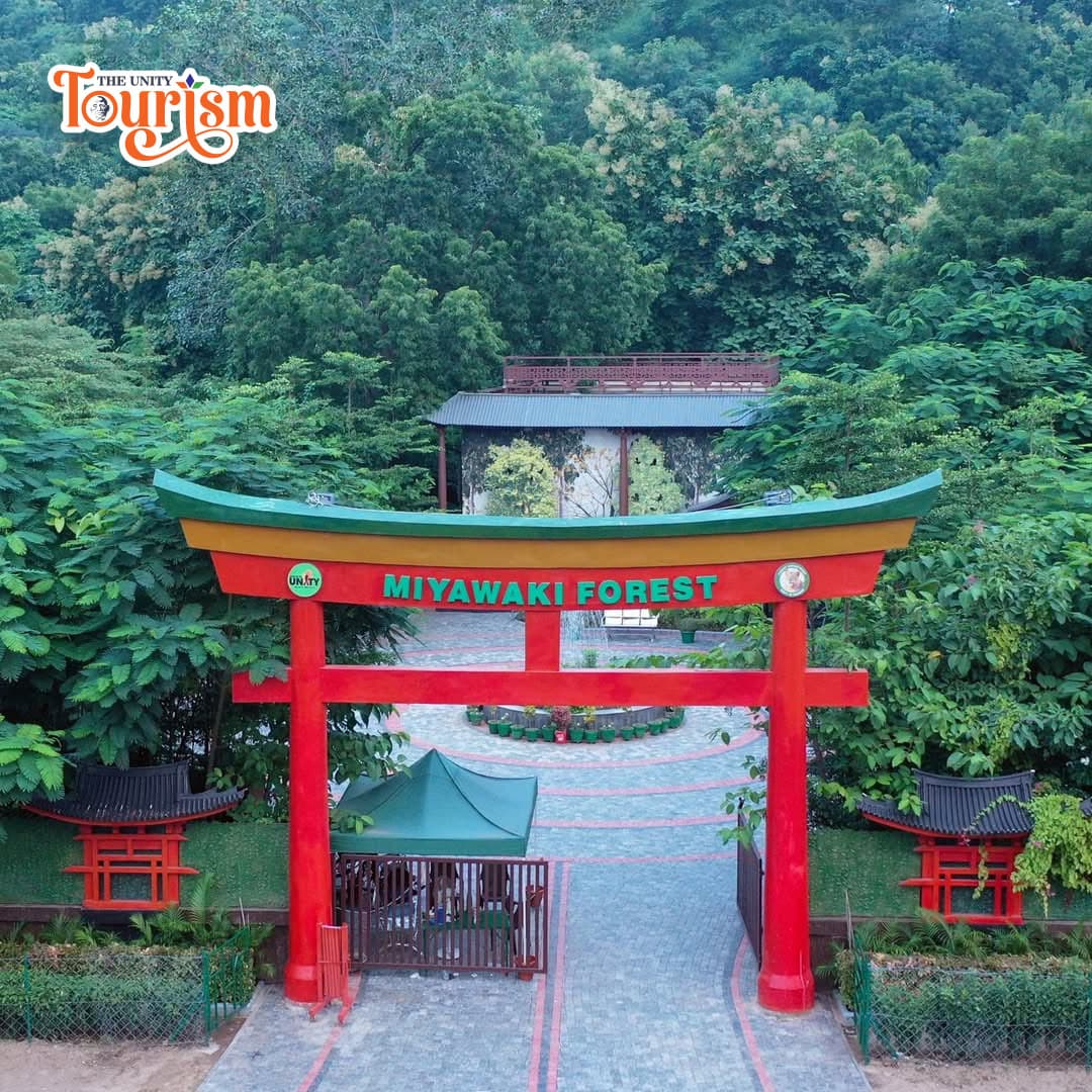 Aerial view of Miyawaki Forest entry with red torii gate at The Unity Tourism