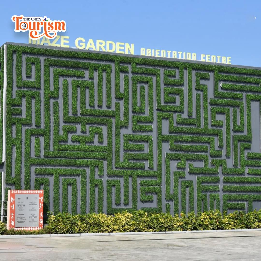 Overhead shot of the circular maze in the lush green field of Maze Garden, located at the Statue of Unity.