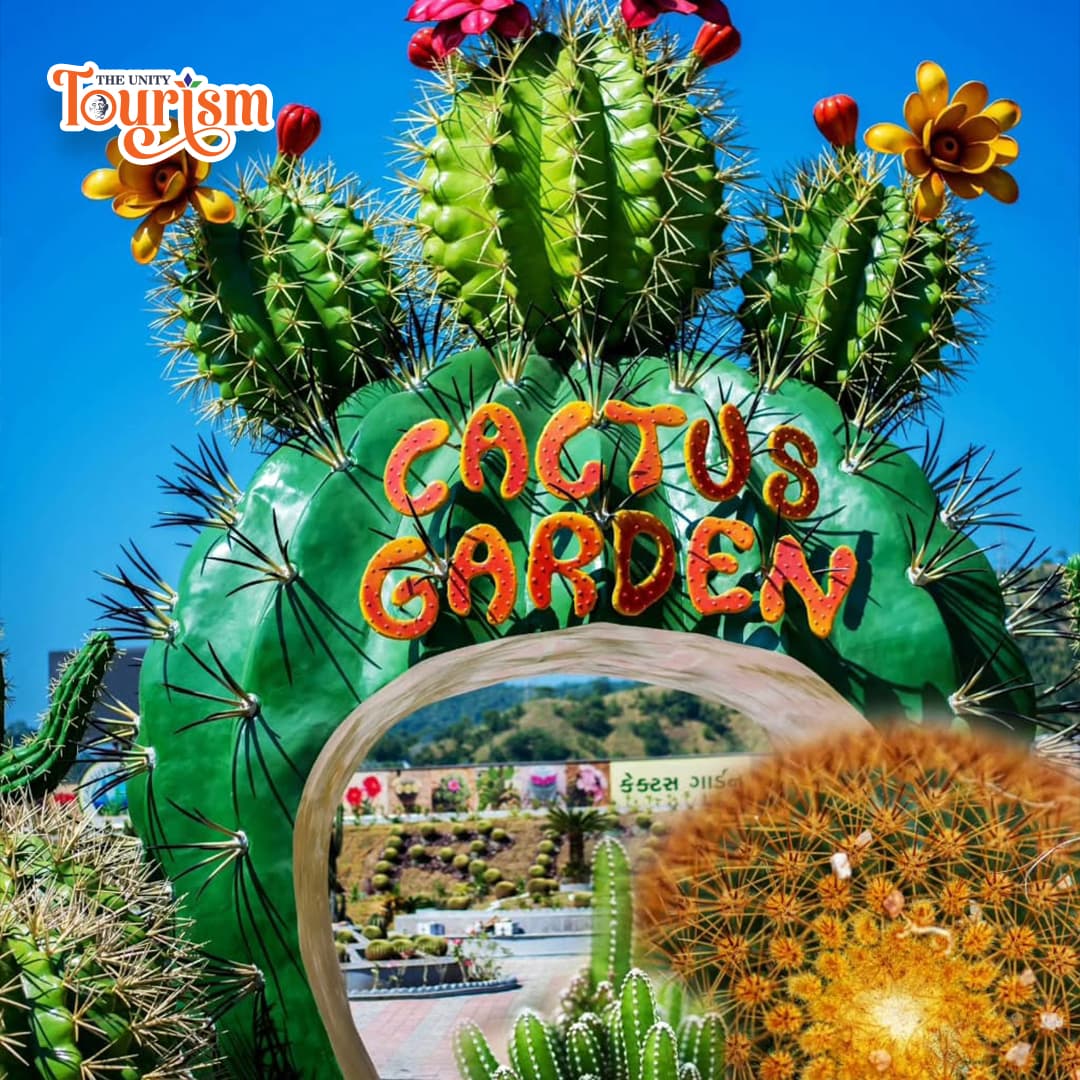 Entrance of Cactus Garden at Statue of Unity, decorated with giant cactus sculptures and colorful flowers