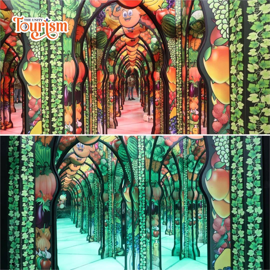 Mirror maze at Unity Tourism decorated with fruit and vegetable artwork