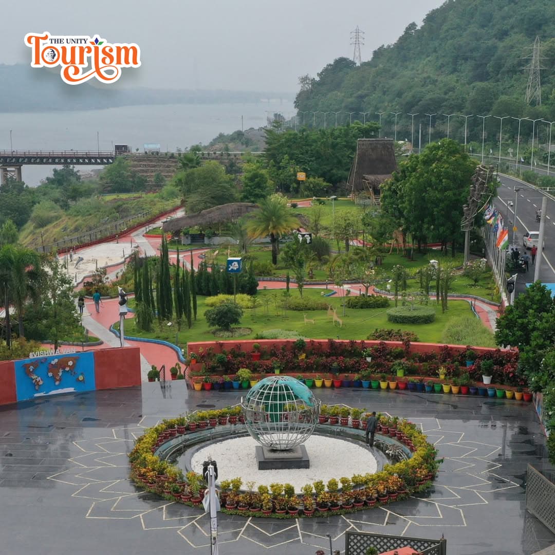 Aerial view of Vishwa Van garden near Statue of Unity with walking paths and greenery