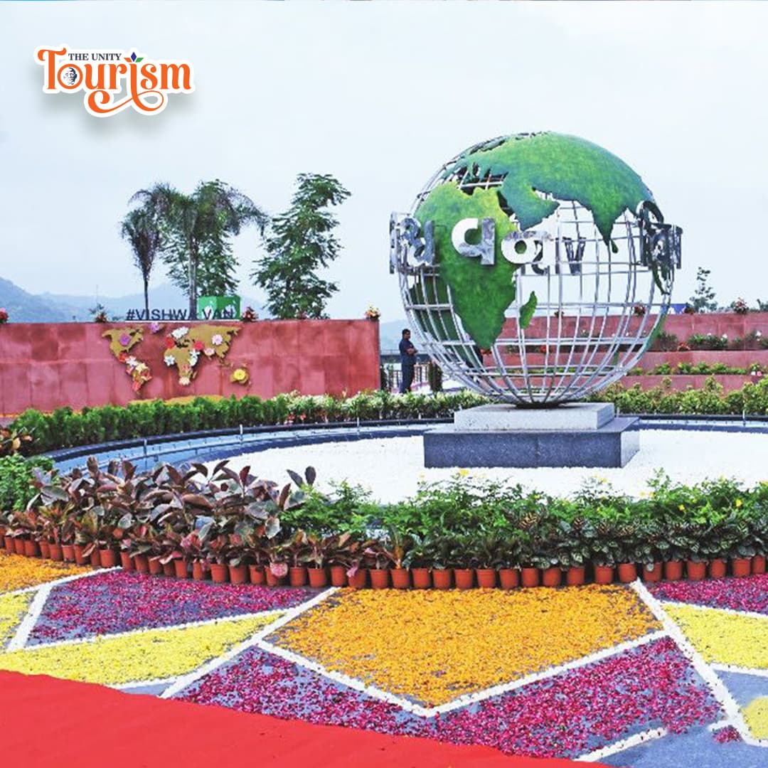 Colorful flower decoration and globe monument at Vishwa Van near Statue of Unity