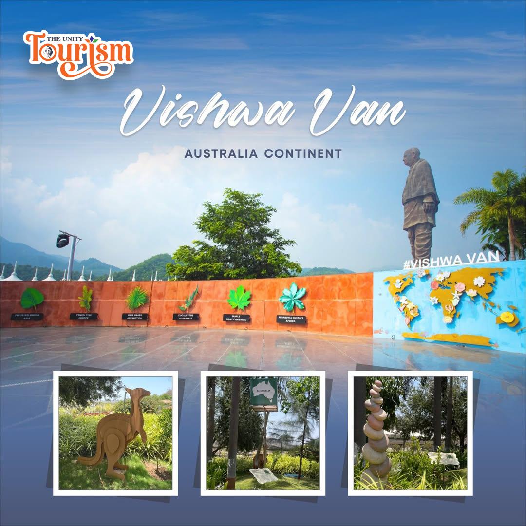 Vishwa Van Australia continent theme with kangaroo statue and Statue of Unity in background