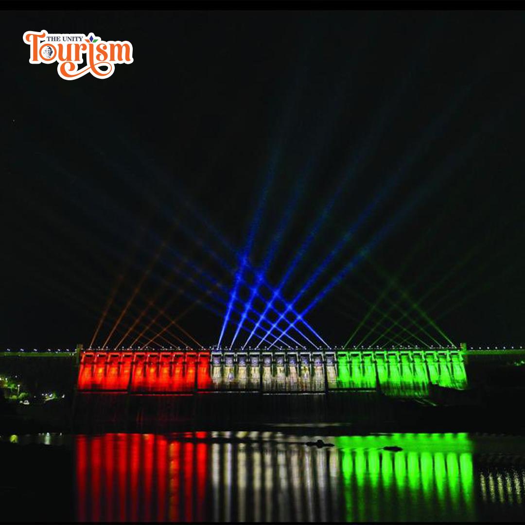 Aerial-style view of Sardar Sarovar Dam and surrounding landscape