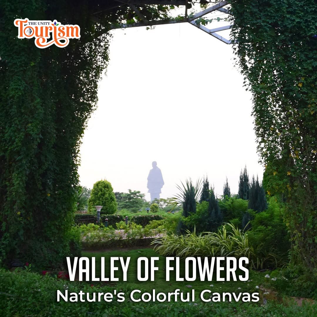 Tourist walking trail surrounded by vibrant flowers in Valley of Flowers, Kevadia.