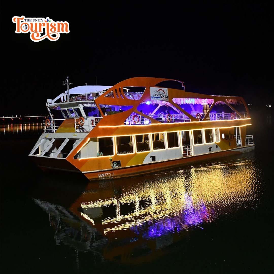 Ekta Dinner Cruise Experience poster with features and cruise boat at night.