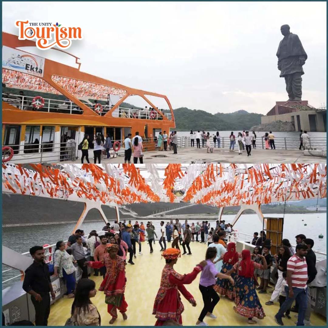 Tourists board Ekta Cruise near Statue of Unity; onboard, guests dance in traditional attire under festive ribbons.