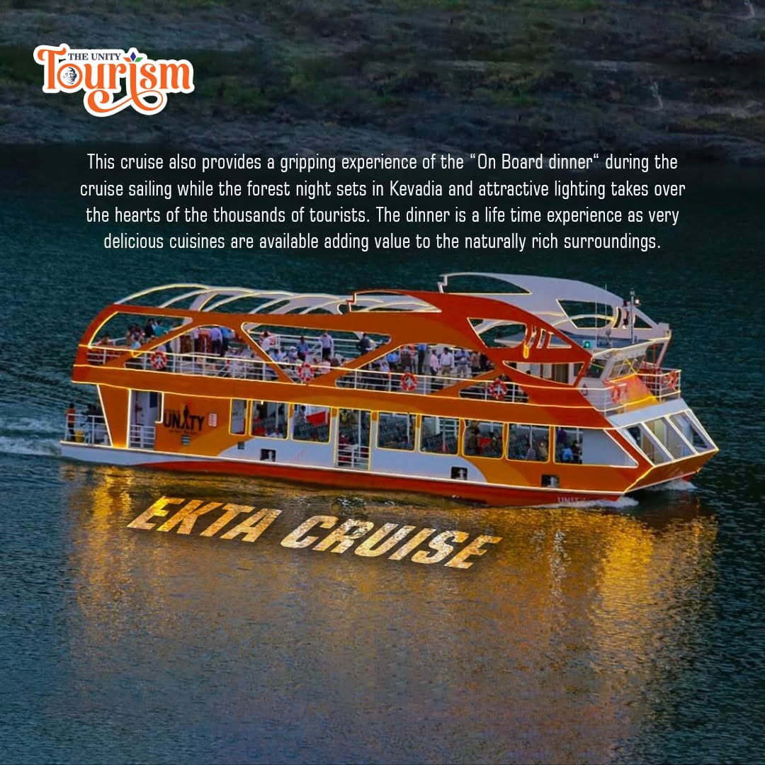 Ekta Cruise sailing on Narmada with golden “EKTA CRUISE” reflection.