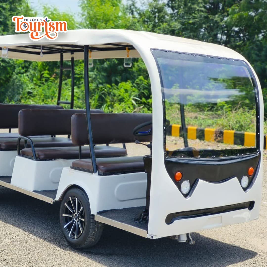 White electric sightseeing cart for tourists at Statue of Unity