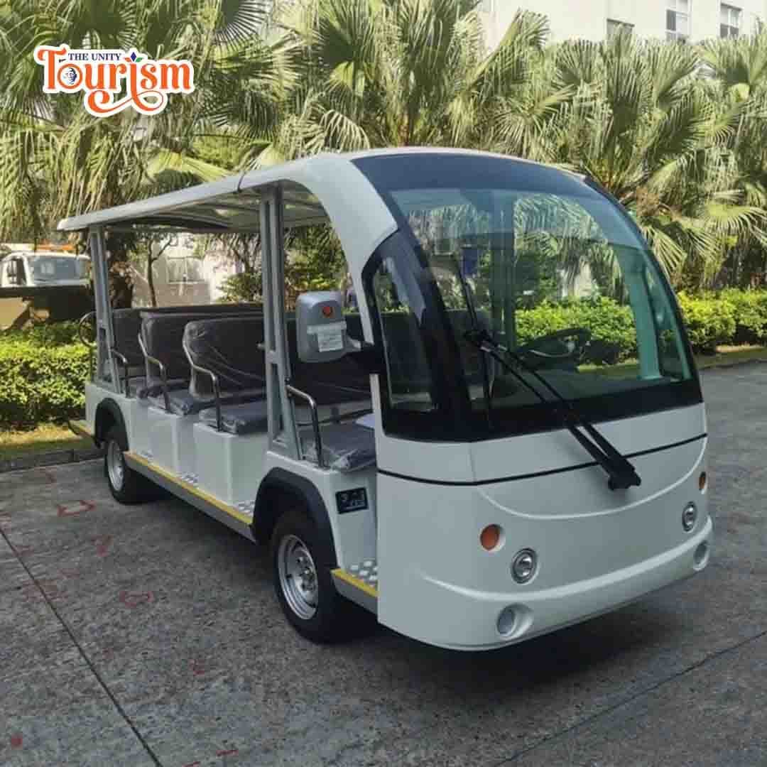 Enclosed electric shuttle bus for tourists at Statue of Unity