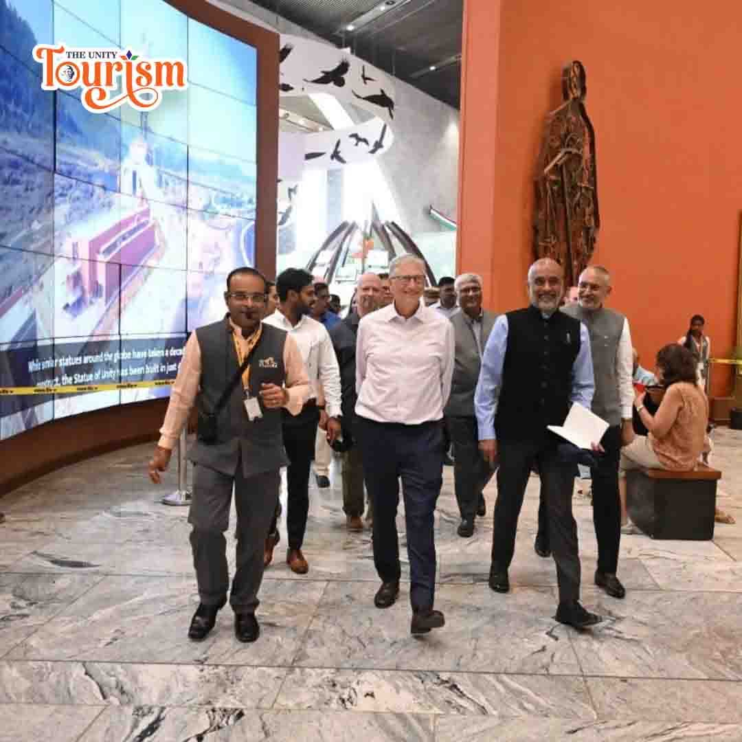 Tourists with guide inside Statue of Unity viewing gallery and museum