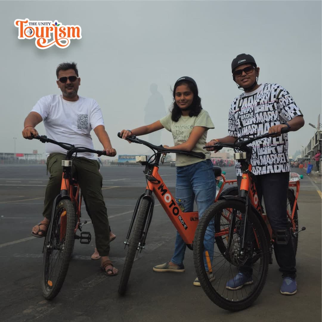Couple cycling activity at Statue of Unity riverfront Gujarat