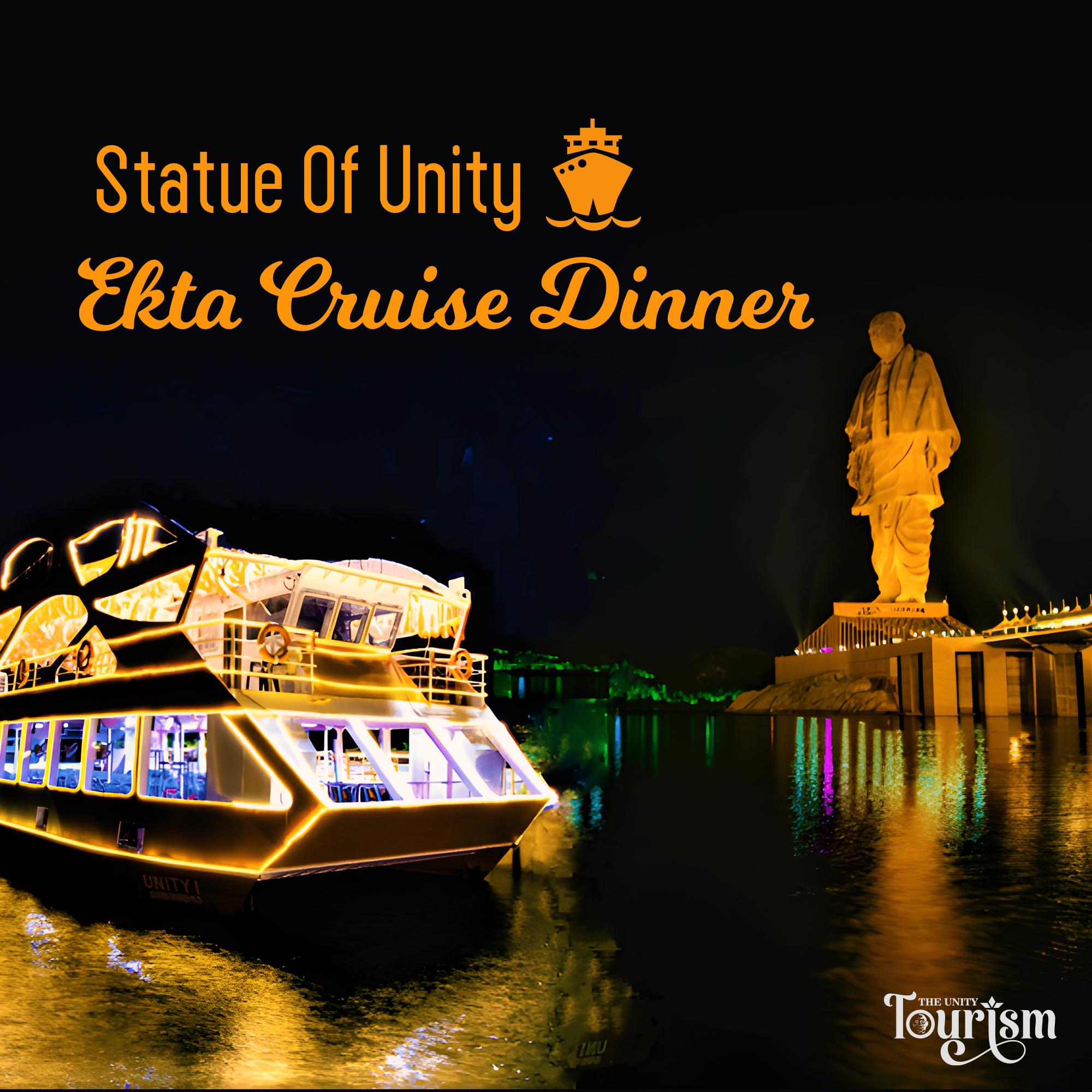 Statue of Unity Ekta Cruise Dinner boat glowing at night near the giant statue on Narmada River.