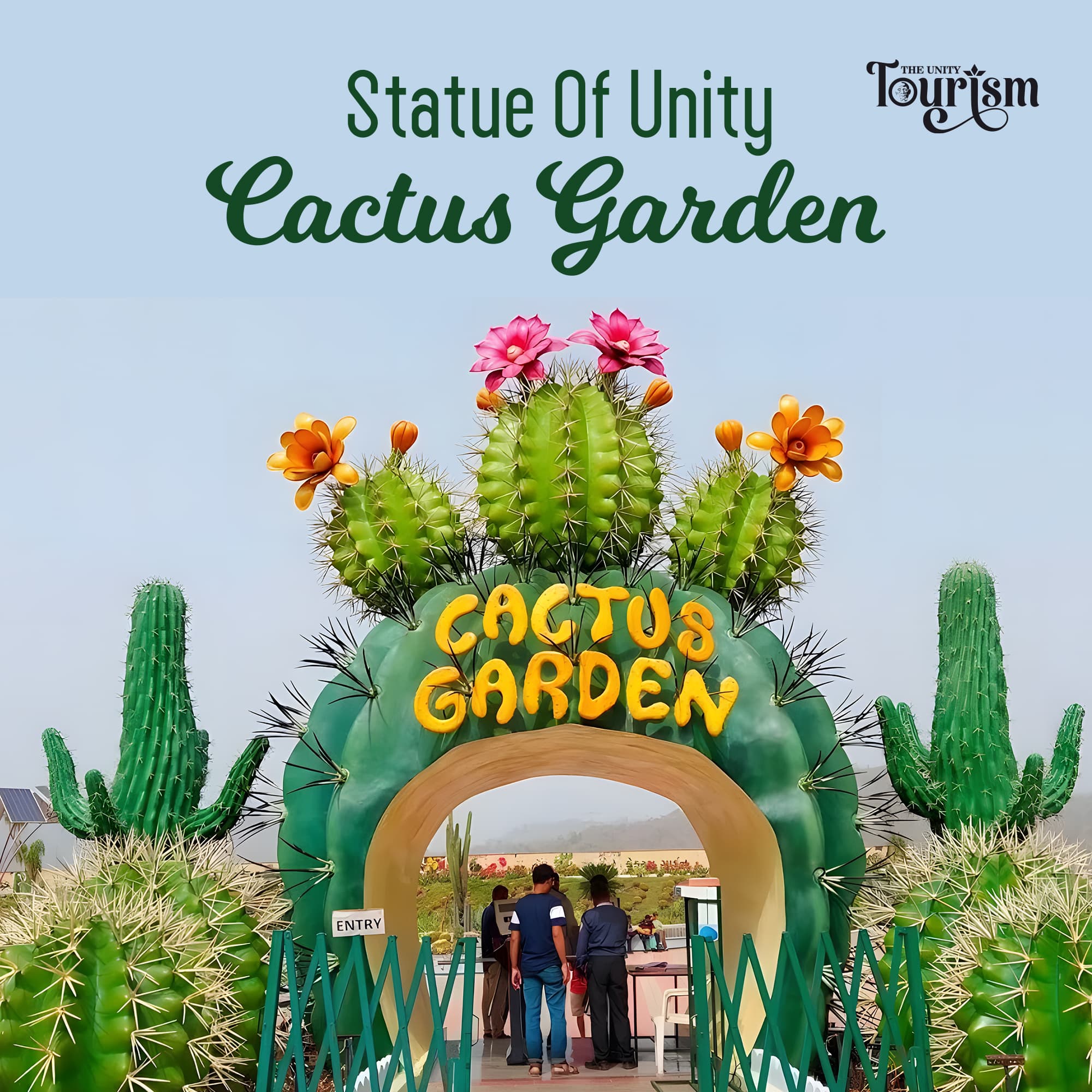 Entrance of Cactus Garden at Statue of Unity featuring giant decorative cactus sculptures and colorful flowers