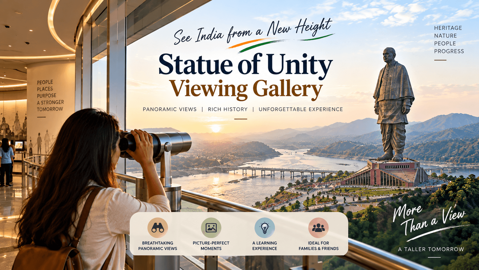 Statue of Unity Viewing Gallery inside view with visitors overlooking the Narmada river