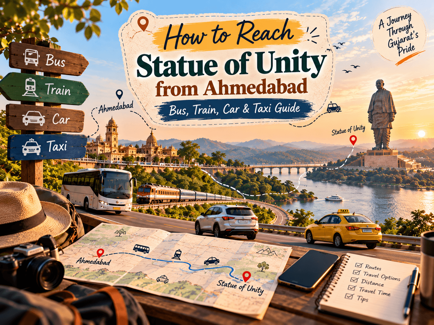 Highway road trip route from Ahmedabad toward Statue of Unity