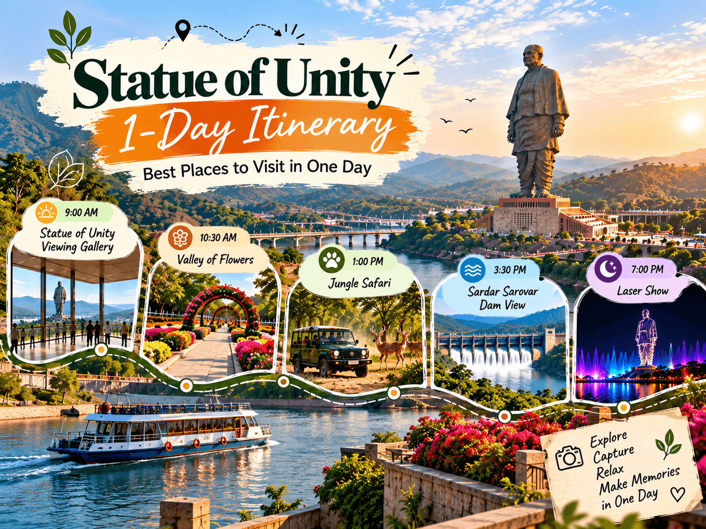 Early morning view of the Statue of Unity with fewer crowds — Alt: "Statue of Unity in the early morning before crowds arrive