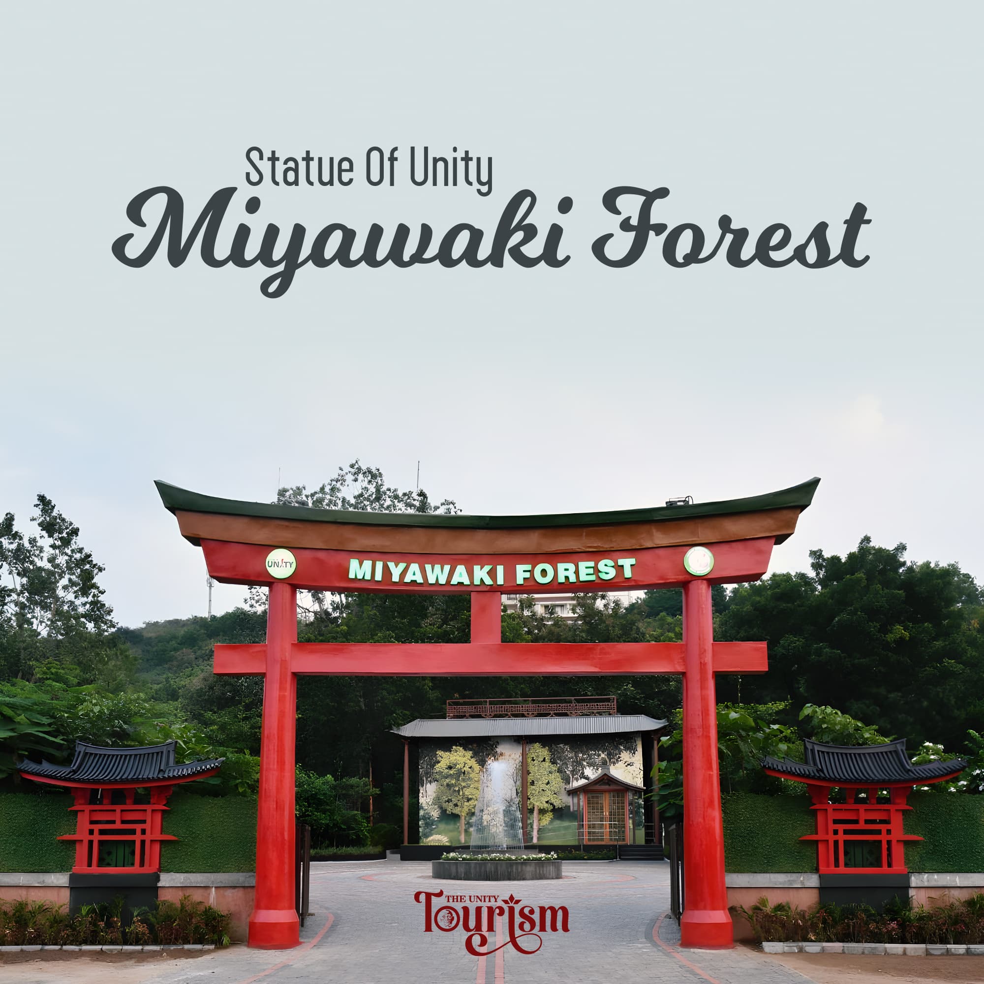 Entrance to Miyawaki Forest at Statue of Unity featuring traditional Japanese-style red gate and lush greenery
