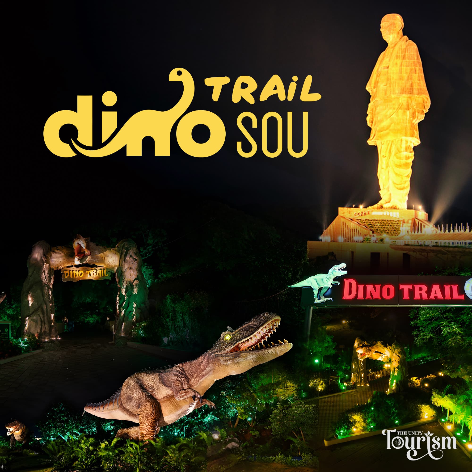 Dino Trail attraction near Statue of Unity with dinosaur models and night lighting in Gujarat, India
