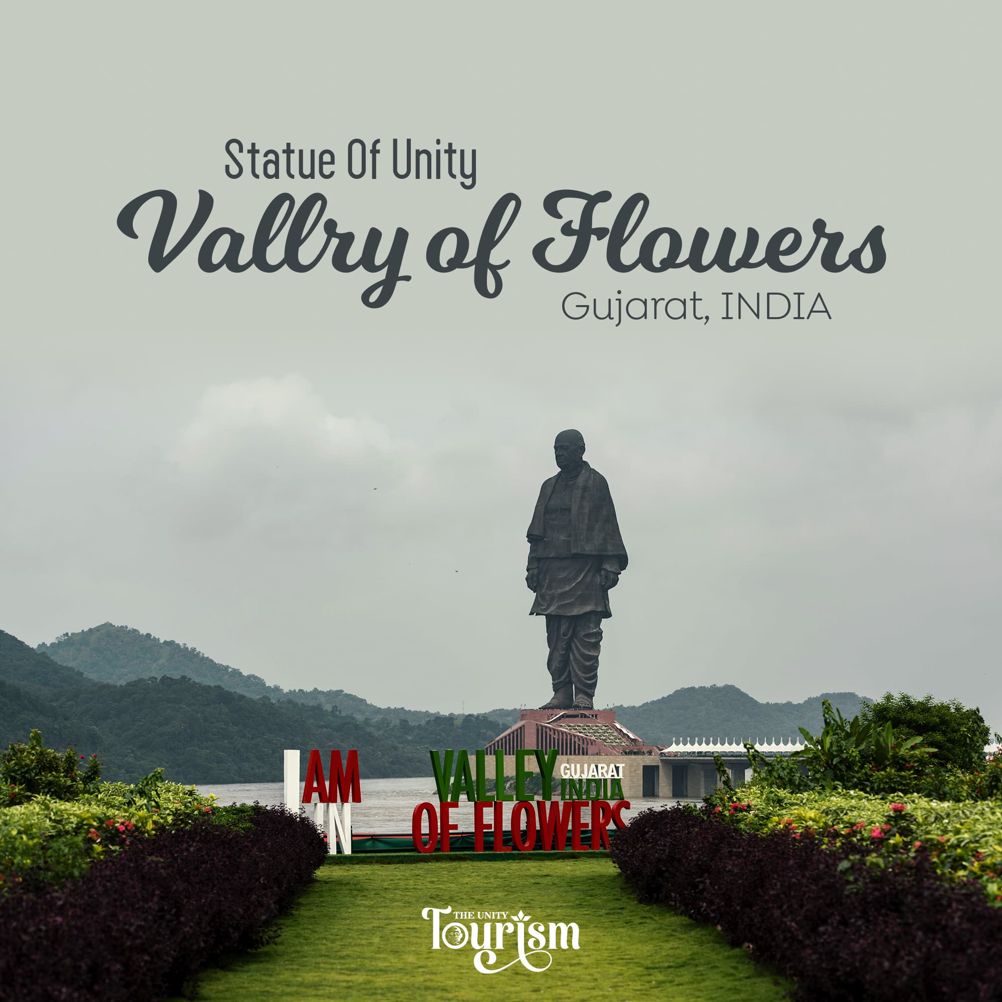 Colorful Valley of Flowers near Statue of Unity with blooming seasonal flowers.