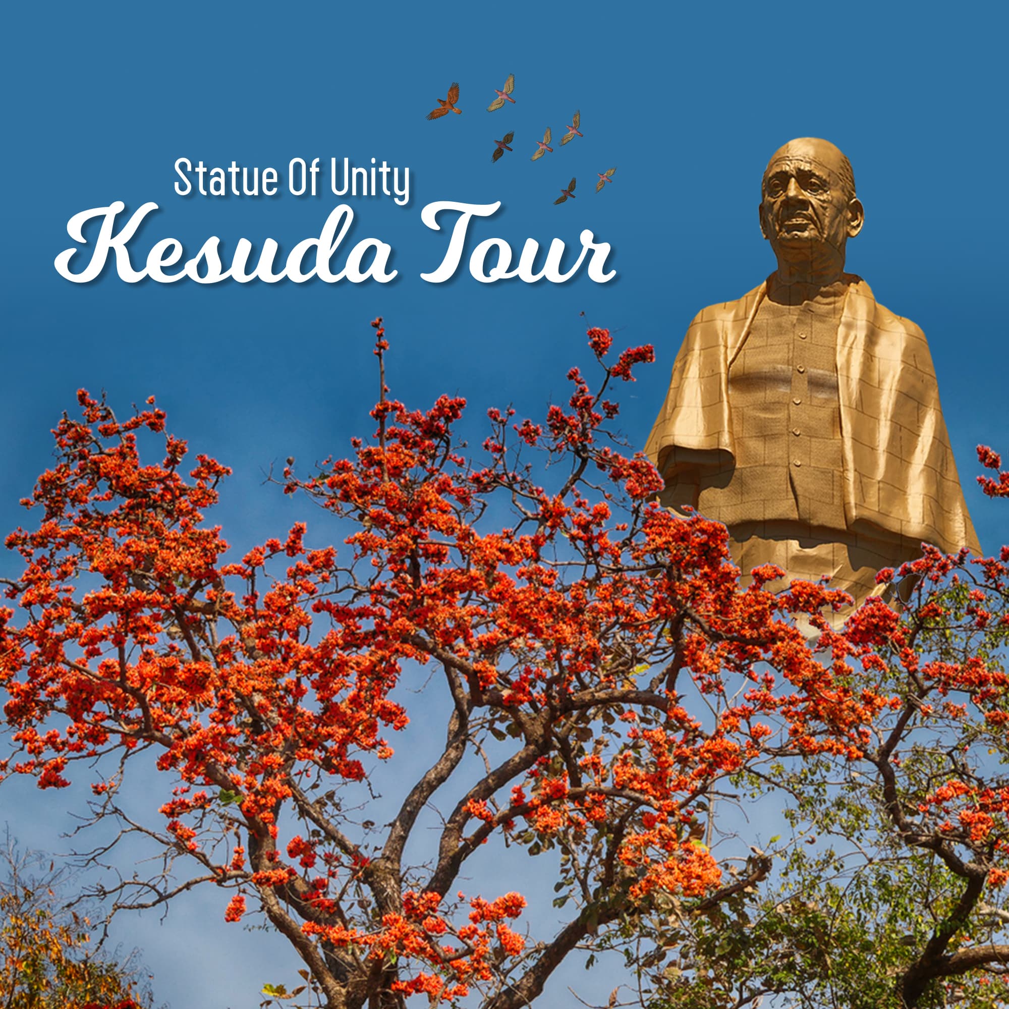 Statue of Unity with blooming Kesuda flowers and birds flying in blue sky during Kesuda Tour.