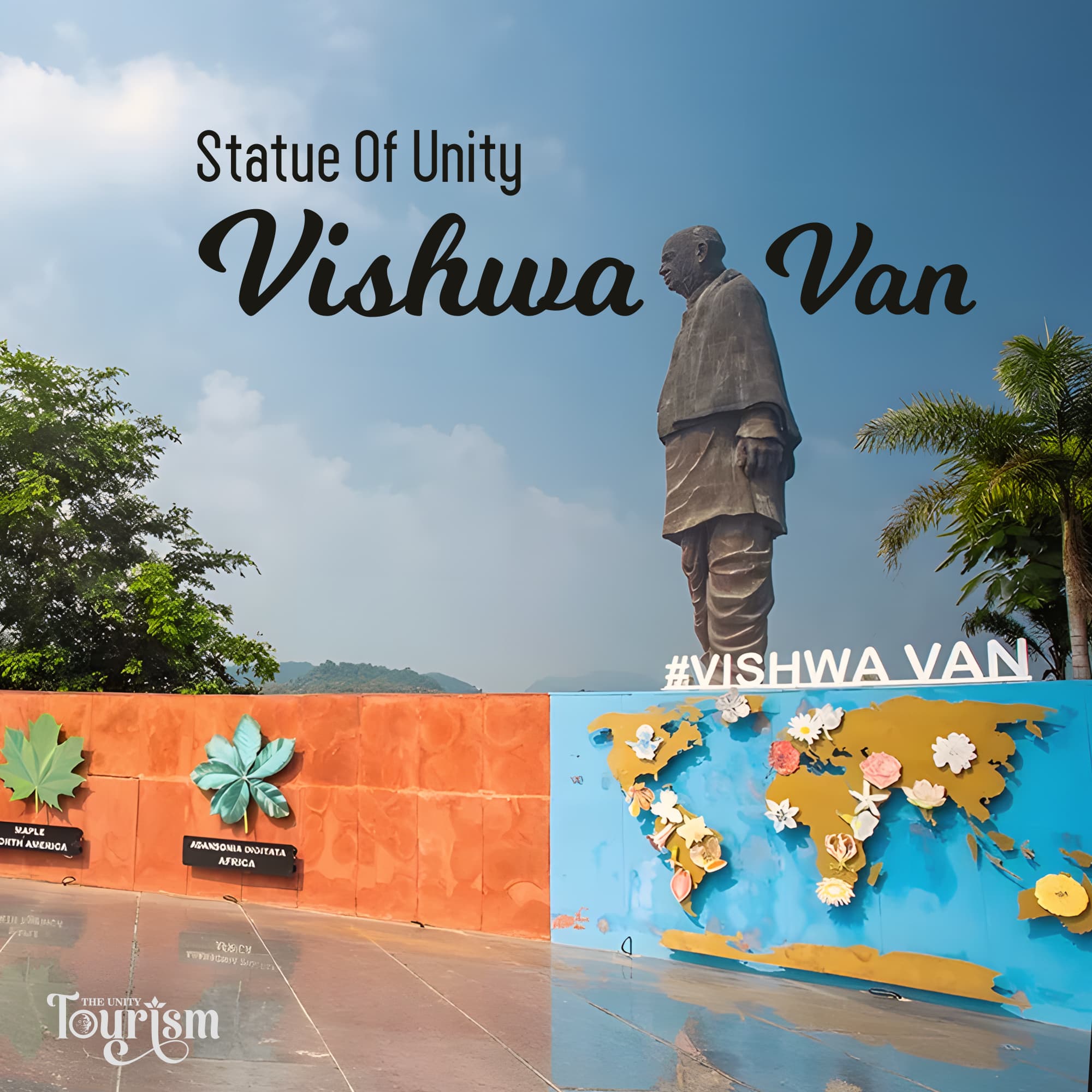 Statue of Unity Vishwa Van with world map display and lush greenery under clear blue Sky